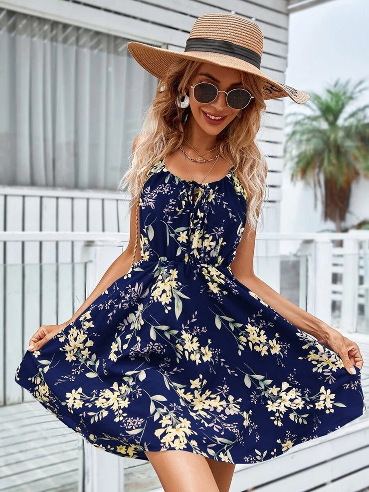 Floral Print Suspender Dress With Elastic Waist Design