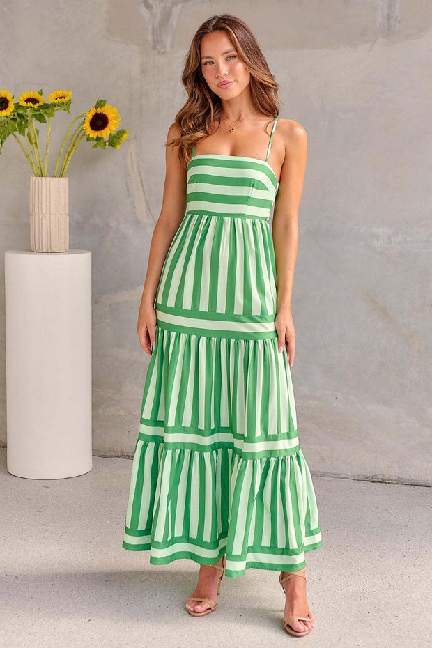 Summer Striped Printed Suspender Long Dress With Pockets Fashion