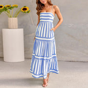 Summer Striped Printed Suspender Long Dress With Pockets Fashion