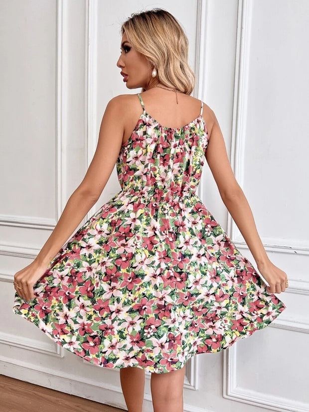 Floral Print Suspender Dress With Elastic Waist Design