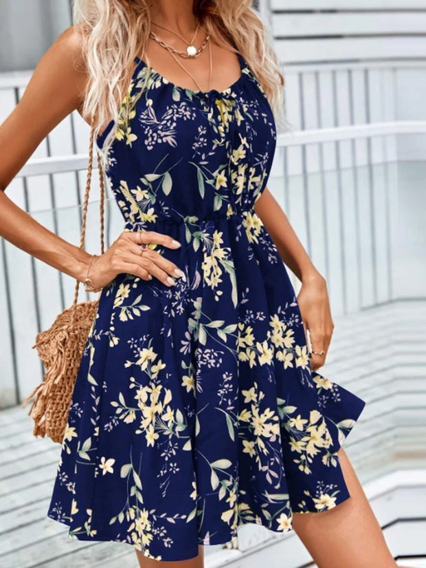 Floral Print Suspender Dress With Elastic Waist Design